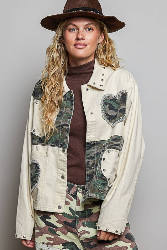 Heart-Shaped Patch Pockets Texture Stud Collar Woven Jacket