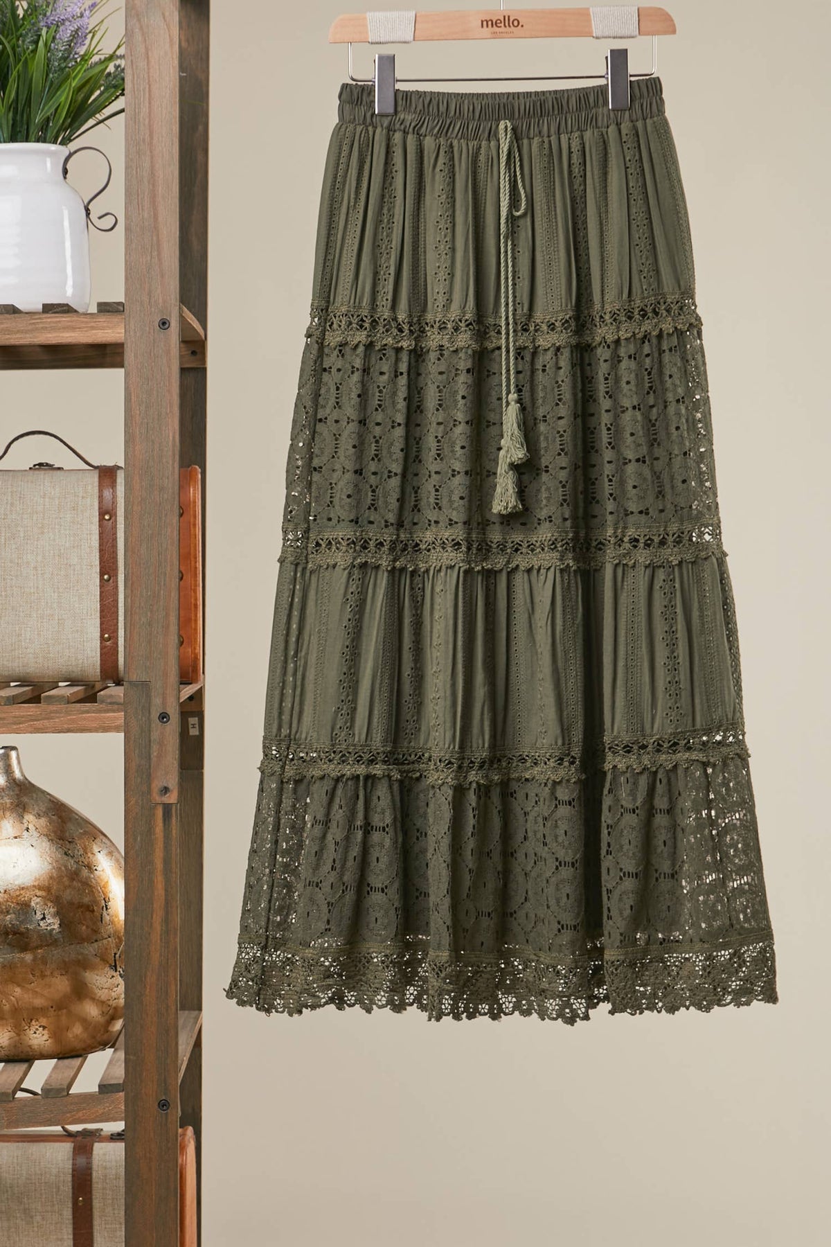 Elastic Waist Maxi Skirt with Lace Trim