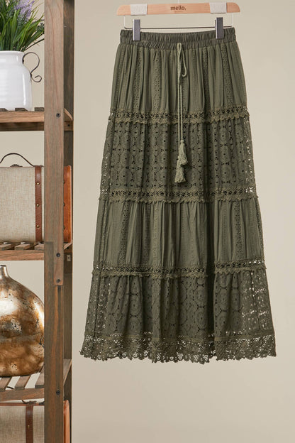 Elastic Waist Maxi Skirt with Lace Trim