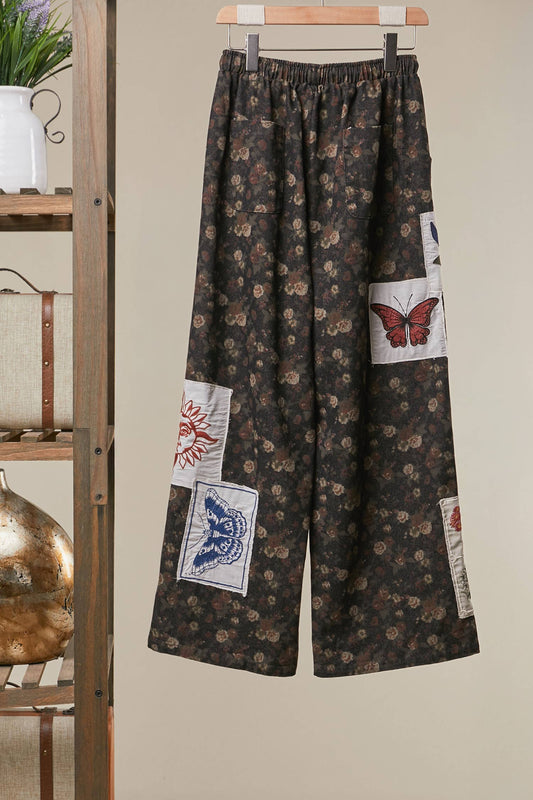 Floral Print Patchwork Wide-Leg Pants