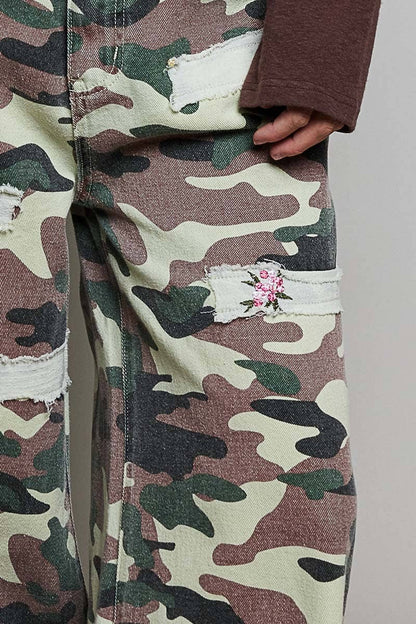 Leopard printed double gauze patch detail woven pants