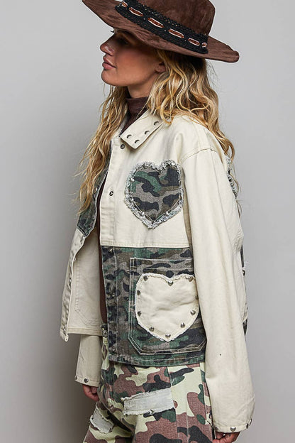Heart-Shaped Patch Pockets Texture Stud Collar Woven Jacket