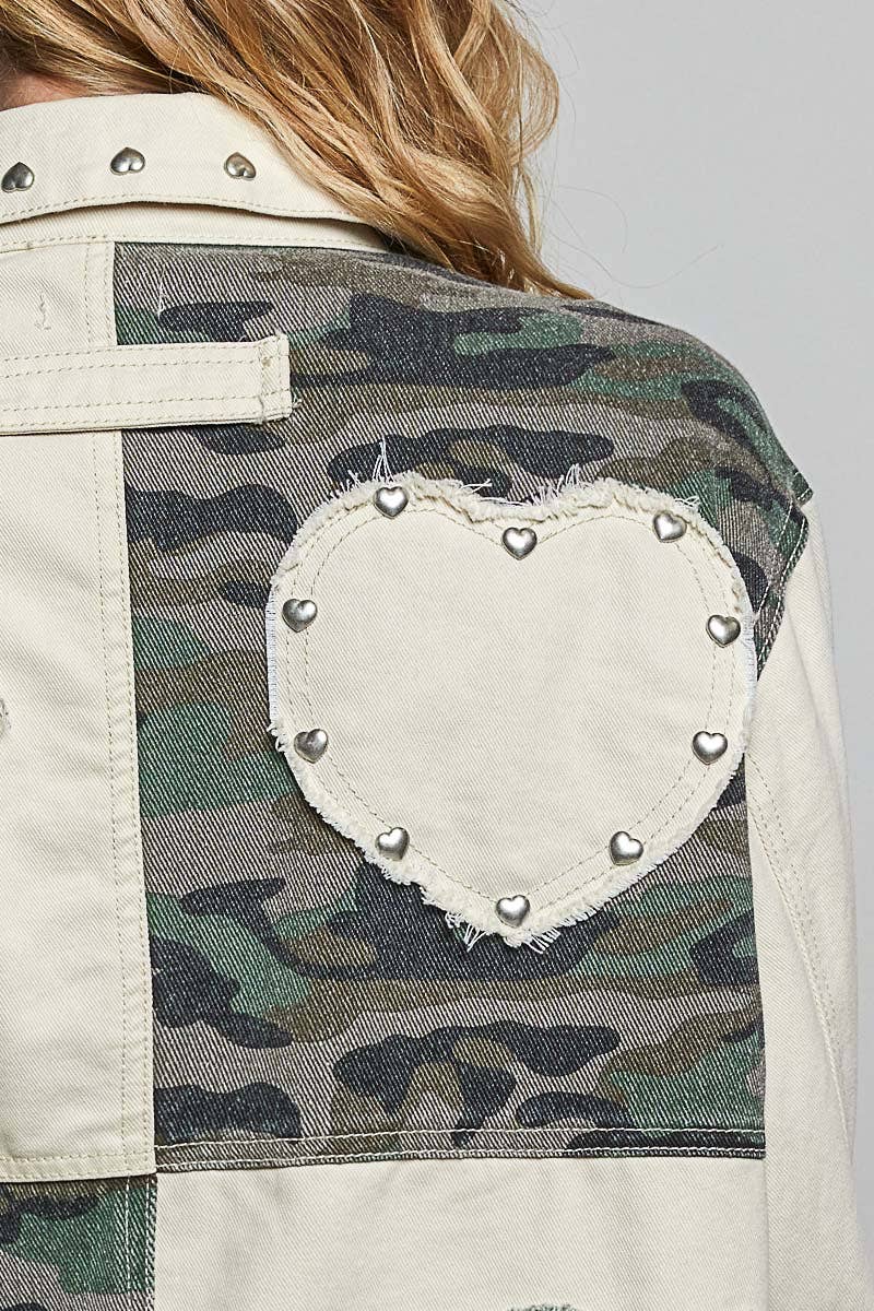 Heart-Shaped Patch Pockets Texture Stud Collar Woven Jacket