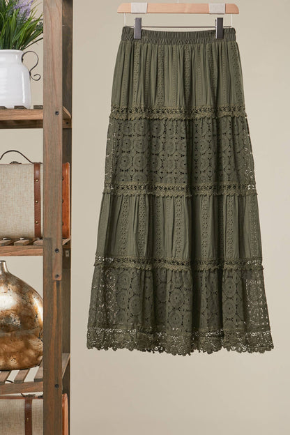 Elastic Waist Maxi Skirt with Lace Trim