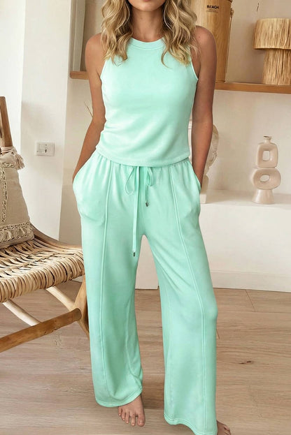 Round Neck Tank Top Drawstring Pants 2pcs Outfit (S-XL)