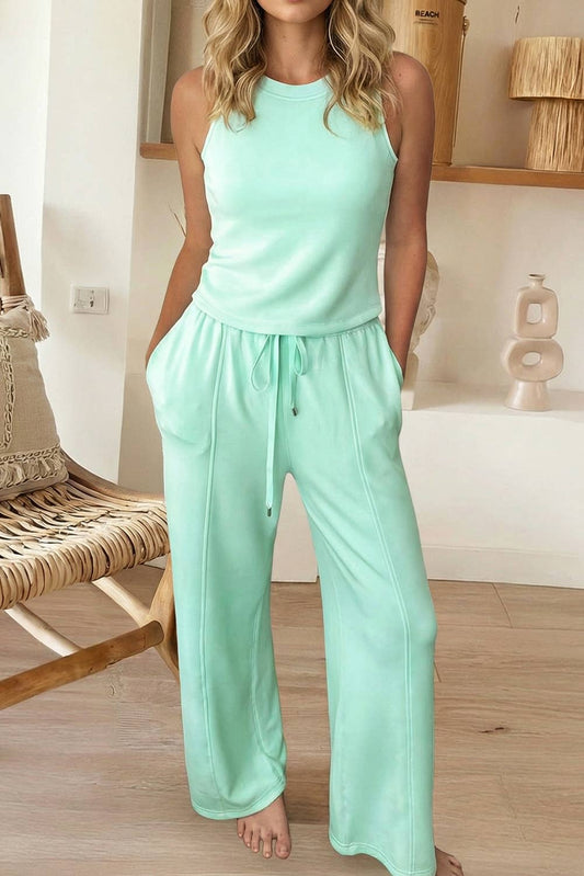 Round Neck Tank Top Drawstring Pants 2pcs Outfit