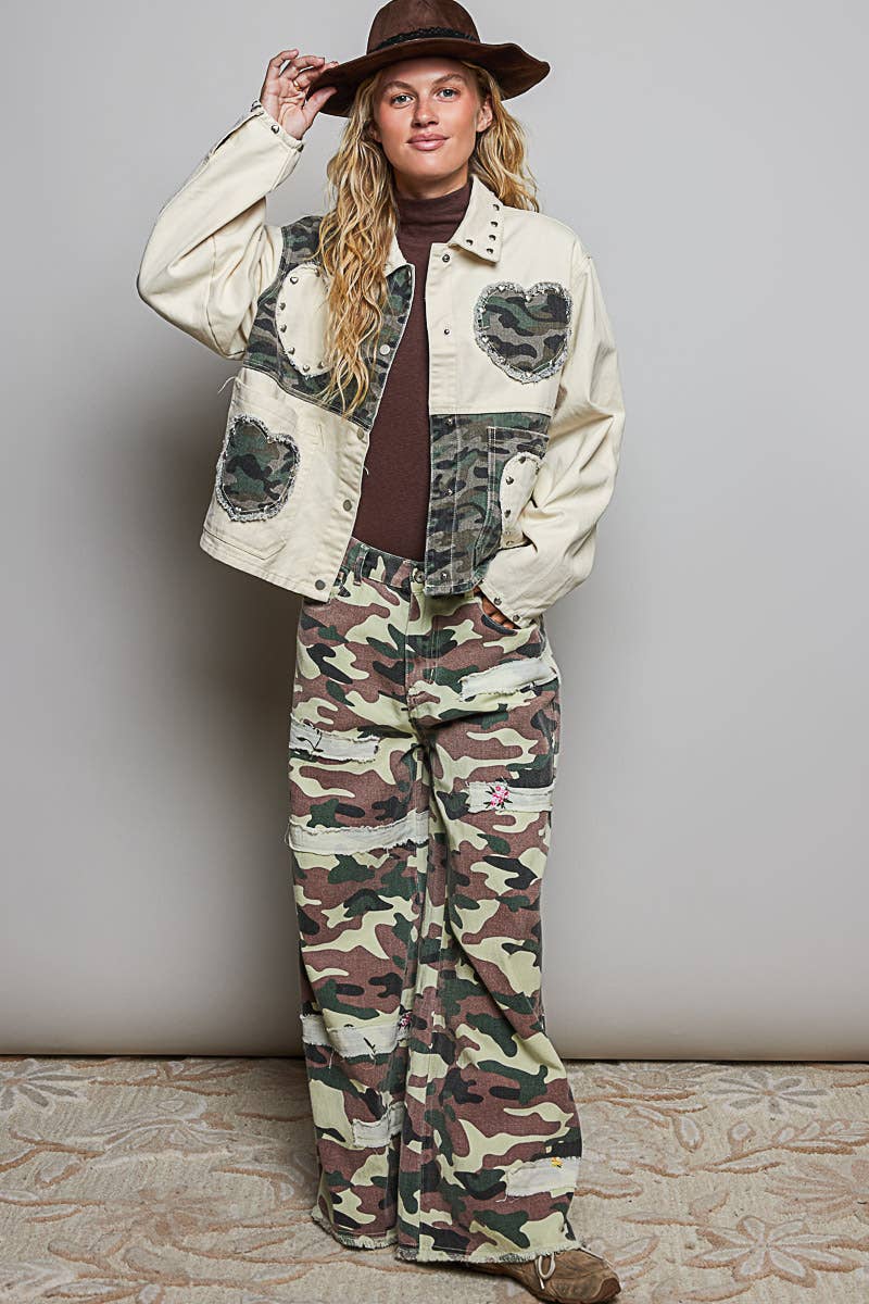 Heart-Shaped Patch Pockets Texture Stud Collar Woven Jacket