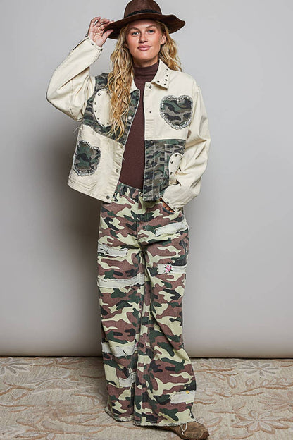 Heart-Shaped Patch Pockets Texture Stud Collar Woven Jacket