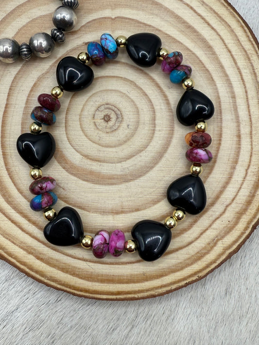Black Onyx Heart Stretch Bracelet