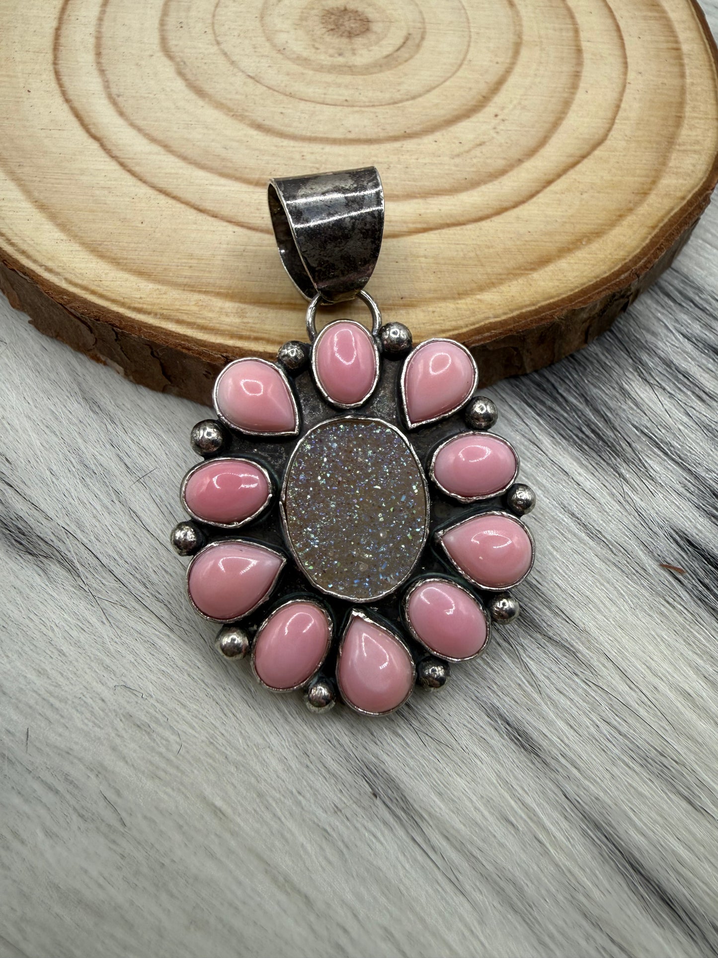Druzy + Pink Conch Pendant