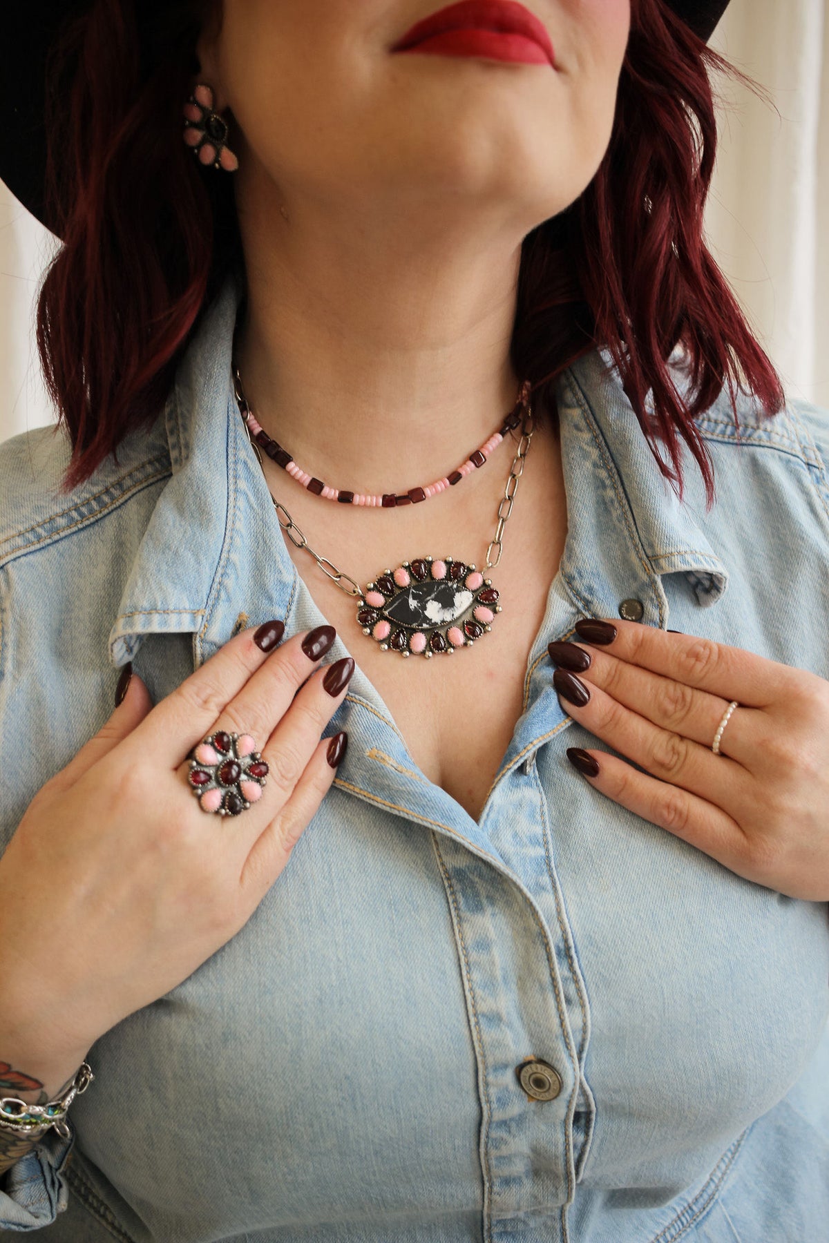 Garnet, Pink Conch, + White Buffalo Necklace