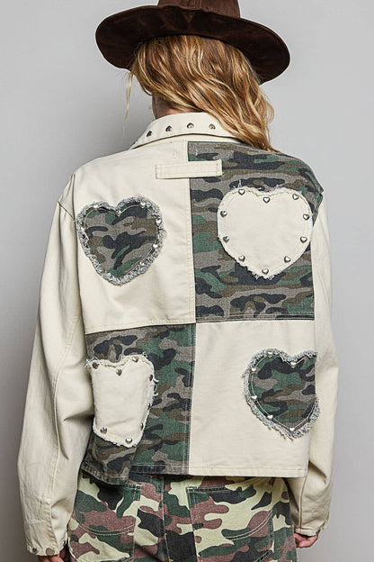Heart-Shaped Patch Pockets Texture Stud Collar Woven Jacket
