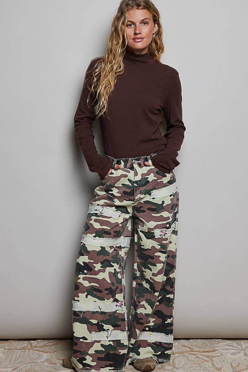 Leopard printed double gauze patch detail woven pants
