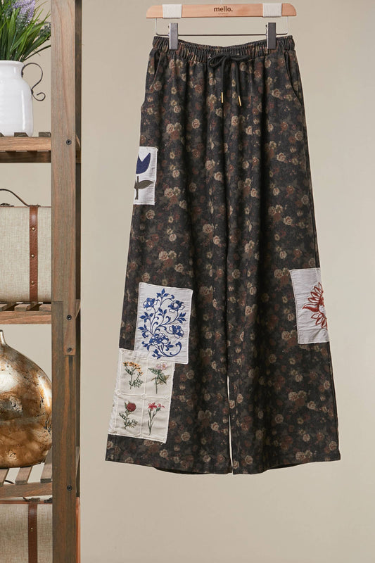 Floral Print Patchwork Wide-Leg Pants
