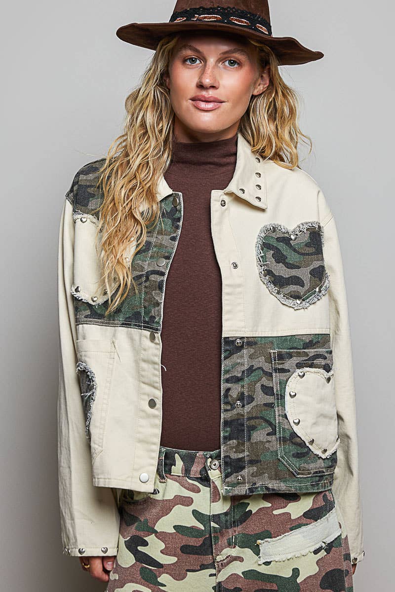 Heart-Shaped Patch Pockets Texture Stud Collar Woven Jacket