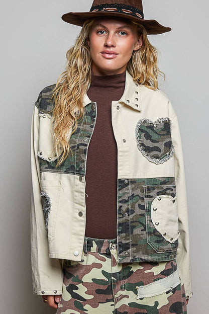 Heart-Shaped Patch Pockets Texture Stud Collar Woven Jacket