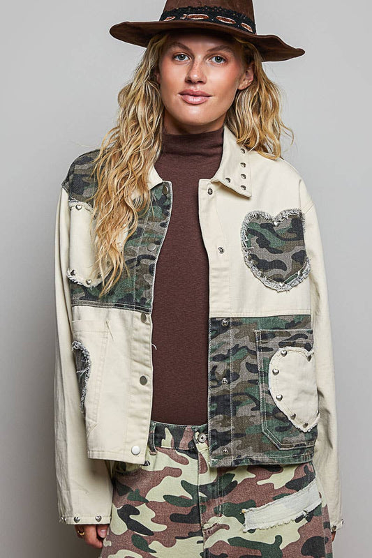 Heart-Shaped Patch Pockets Texture Stud Collar Woven Jacket