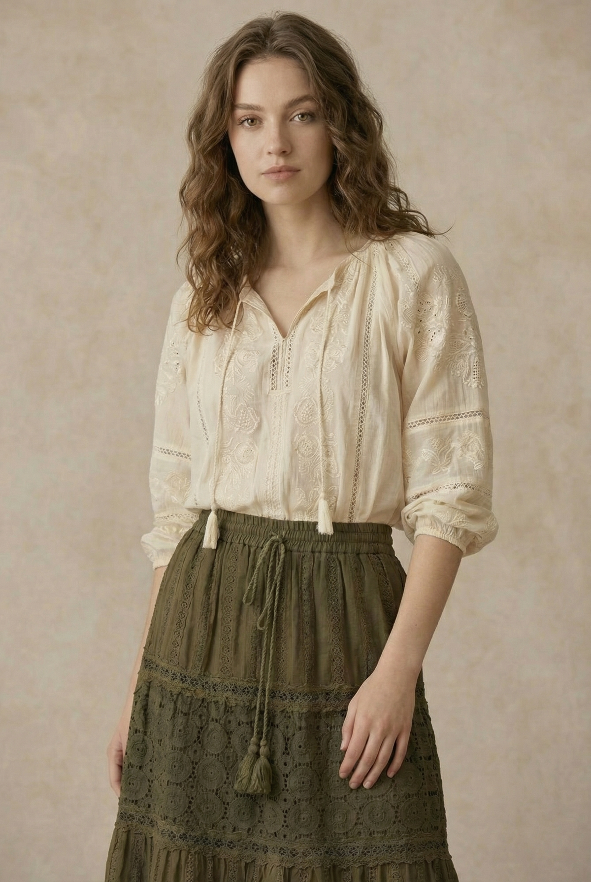 Elastic Waist Maxi Skirt with Lace Trim